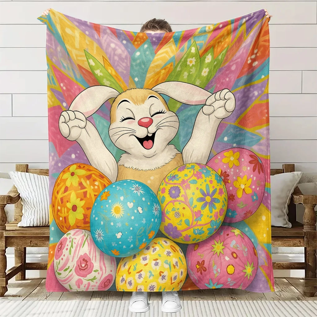 1 Comfortable Easter Egg and Rabbit Theme Flannel Blanket | Soft High-Definition Digital Print, Cooling, All-Season Use