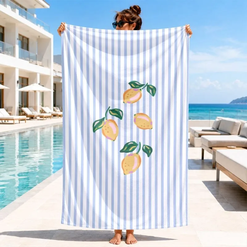 Light Blue White Vertical Stripe Single Lemon Cursive Letter Print Microfiber Quick Dry Beach Towel La Dolce  Bath Towel