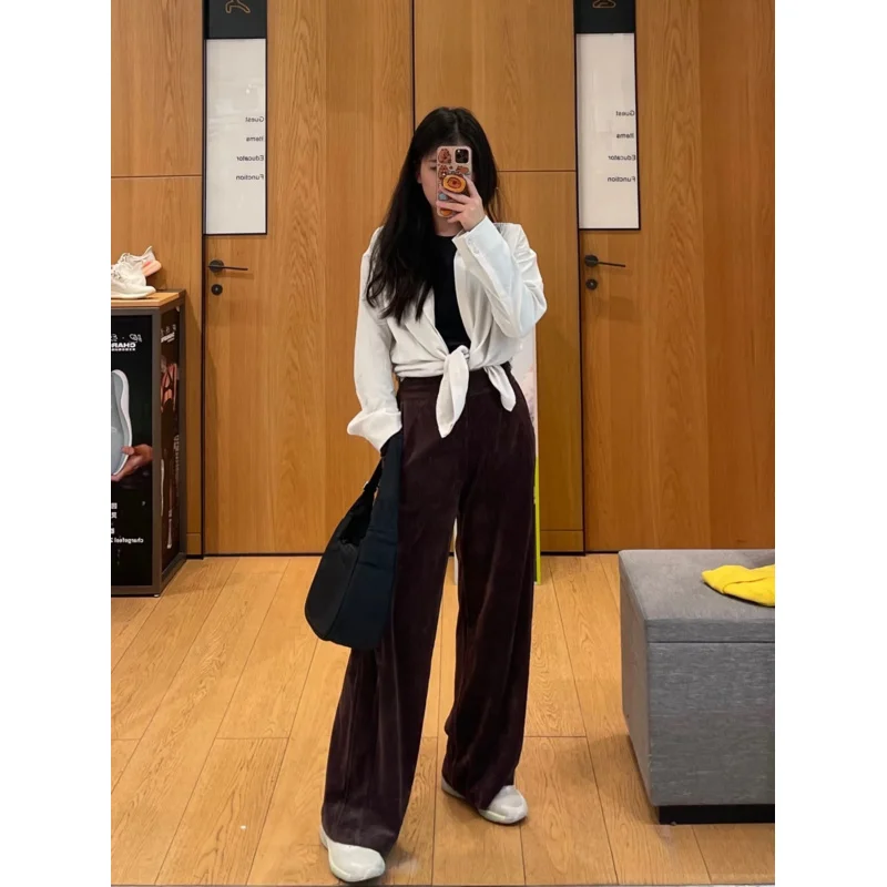 Women Corduroy Wide Leg Pants Cotton Blend Straight Trousers Loose Fit Striped Casual Yoga Pants Comfortable Daily Work Wear