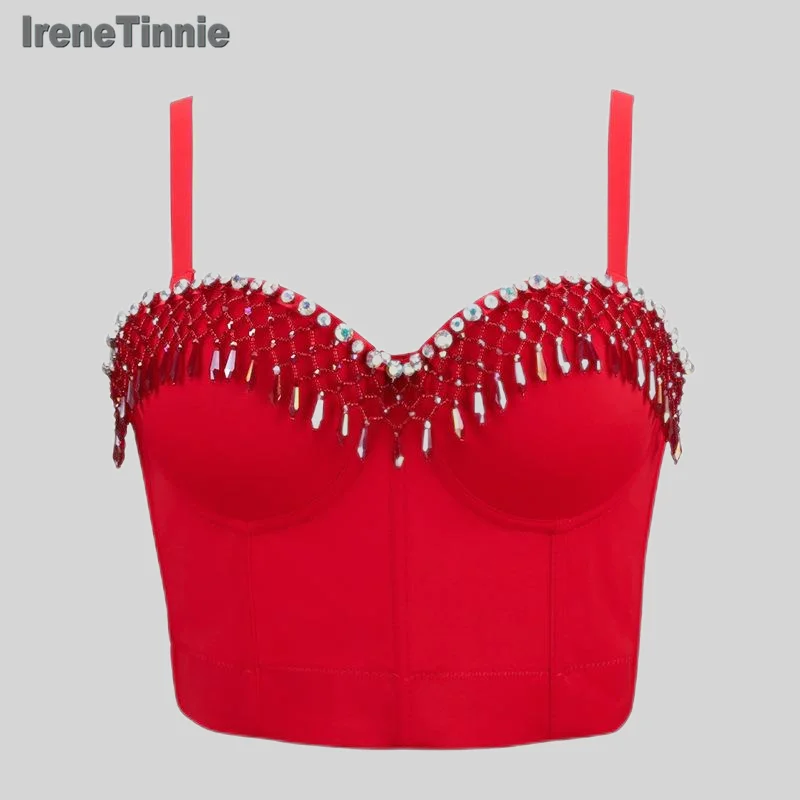 

IRENE TINNIE Hand-made Good Quality Sexy Dequins Beads Dance Bra For Women Underwear Bustier Cropped Top Bralette Lingerie Vest