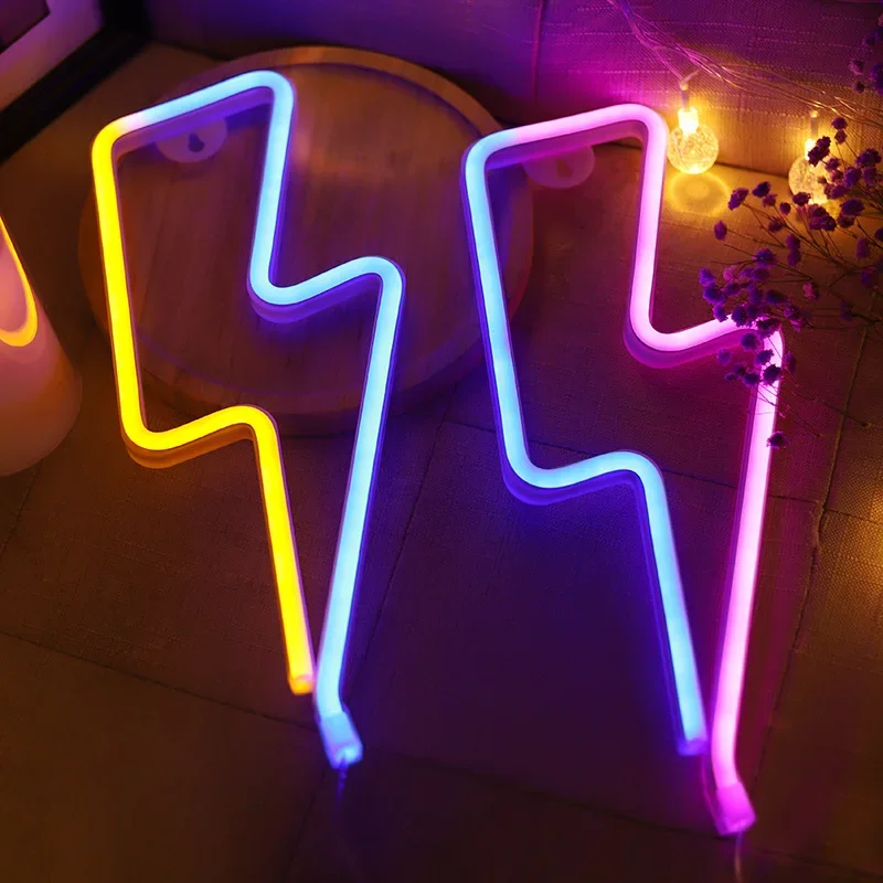 High Quality LED Neon Lightning Shaped Sign Flash Neon Table Light USB for Home Party Wall Decorative Hanging Night Lamp