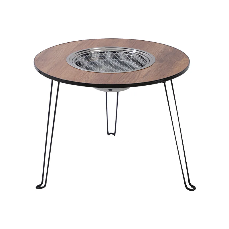 Outdoor Camping Folding Barbecue Stove Tea Boiling Stove Wood Grain Round Folding Table Picnic BBQ Stove Korean Bbq Grill