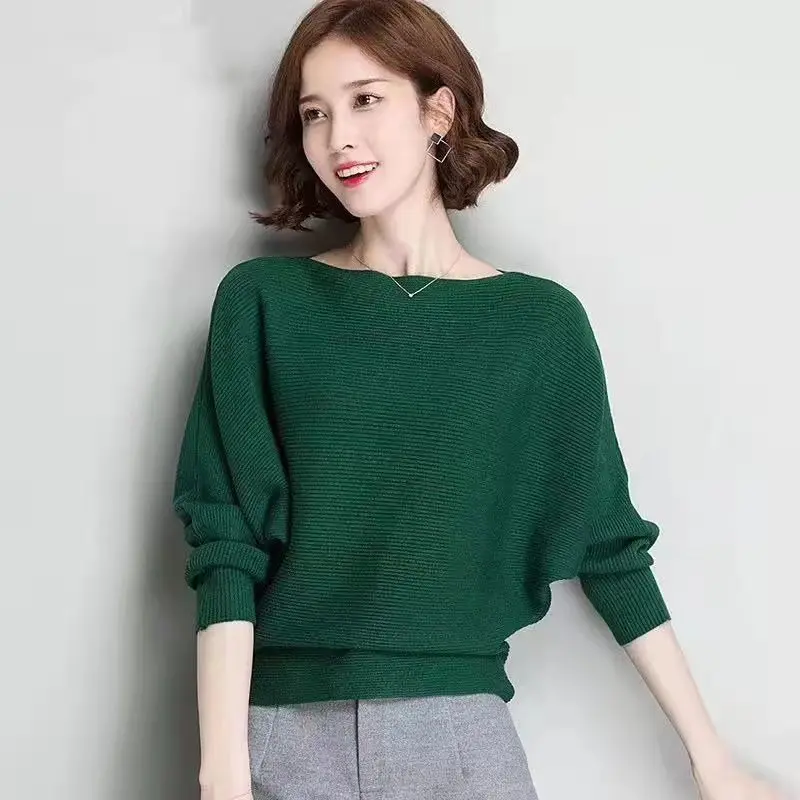 2026 New Women Batwing Sleeve Knit Sweater Loose Boat Neck Pullover Jumper Solid Color Casual Tops For Autumn Winter Daily Wear