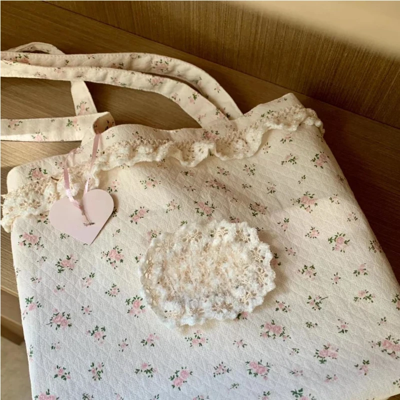 Korean Ins Sweet Flower Print Shoulder Handbags Women All Match Canvas Underarm Bag Casual Y2k Aesthetic Tote Bags High-capacity