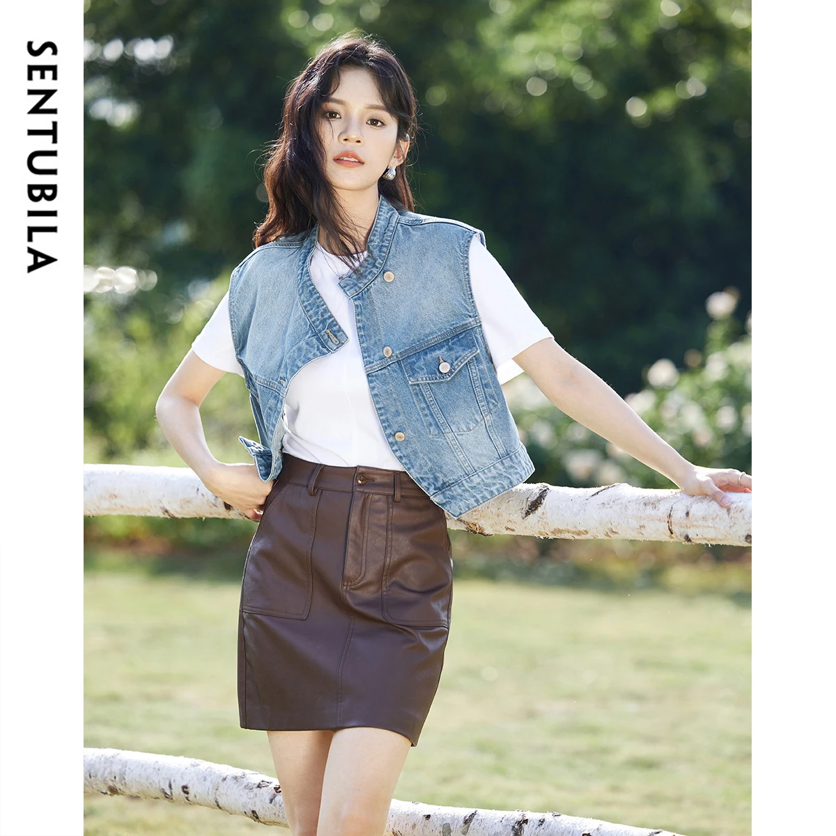 SENTUBILA Denim Vest V-neck Waistcoat 100% Cotton Single-Breasted for Women Clothing Sleeveless Jackets Woman Clothes W41J53843