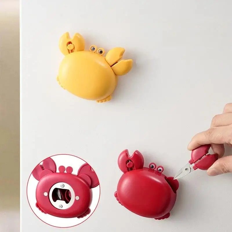 Cute Cartoon Crab Magnetic Bottle Opener 3-in-1 Fridge Magnet With Mini Scissors Box Cutter Multifunctional Kitchen Gadget