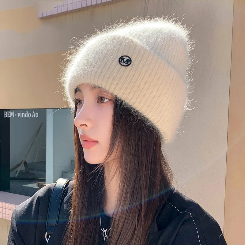 2024 New Angora Winter Hat For Womens Rabbit Fur Fluffy Knitted Beanies Hat  Bonnet Female Soft  Warm SKI Skullies  Beanies