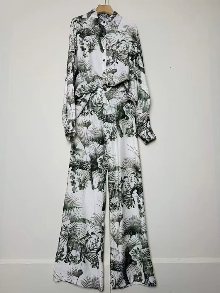 

2025 autumn women's retro animal geometric printed loose shirt two-piece set+high waist wide leg straight leg pants set