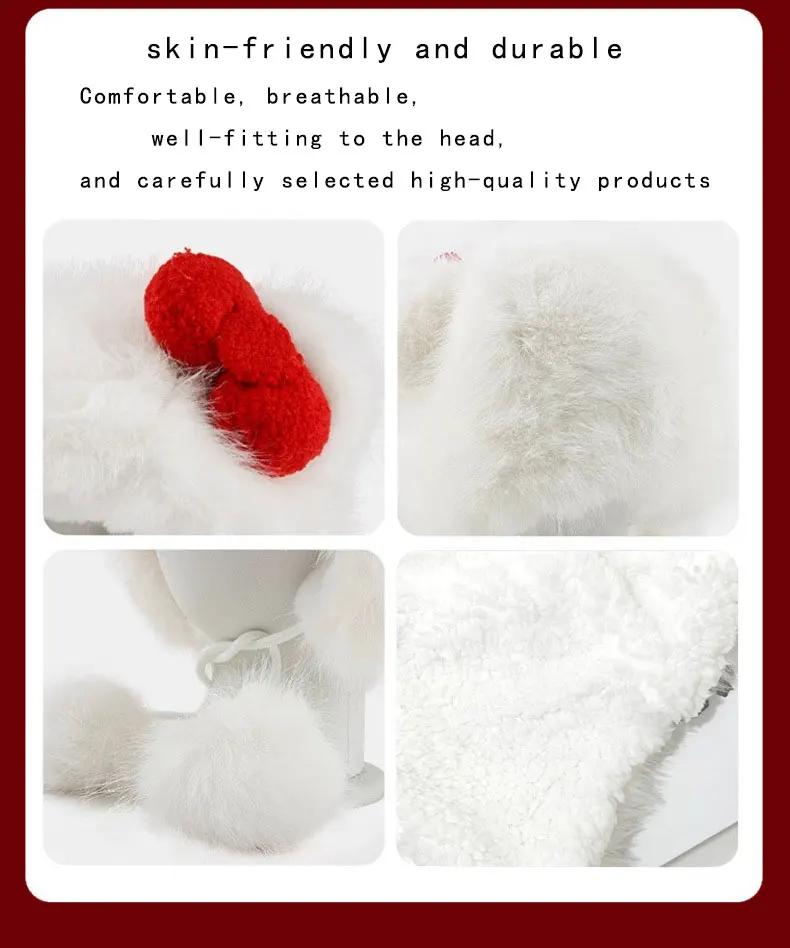 Niedliche Weihnachtsmütze mit Plüschschleife – Flauschige Wintermütze mit roter Schleife als Weihnachtsgeschenk und Party – Detail 8