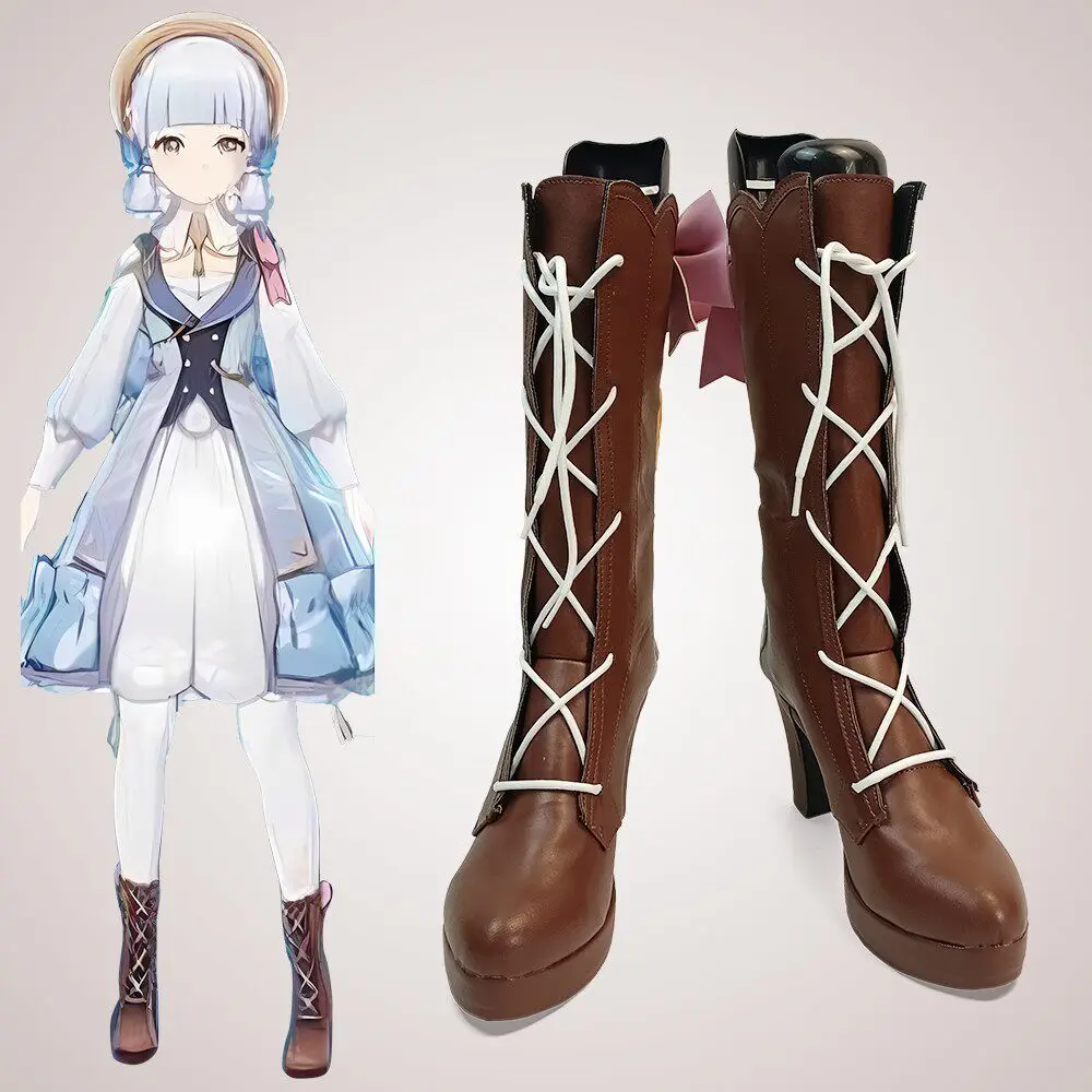 Anime Genshin Impact Kamisato Ayaka Cosplay Shoes Deep Brown High Heels Medium-Long PU Leather Boots For Halloween Carnival