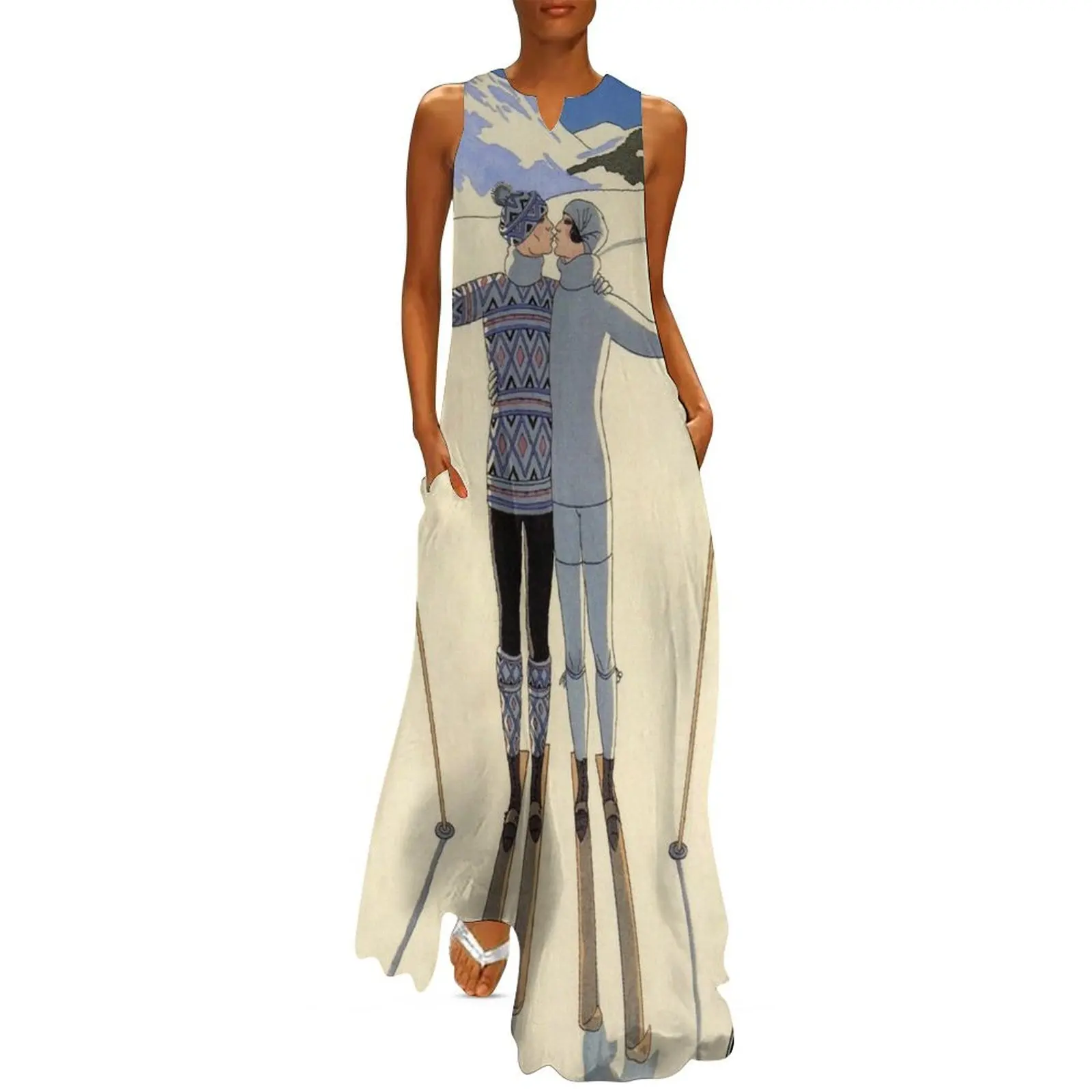 

Skiing kissing couple vintage French sport fashion illustration Long Dress elegant guest wedding dress Dress
