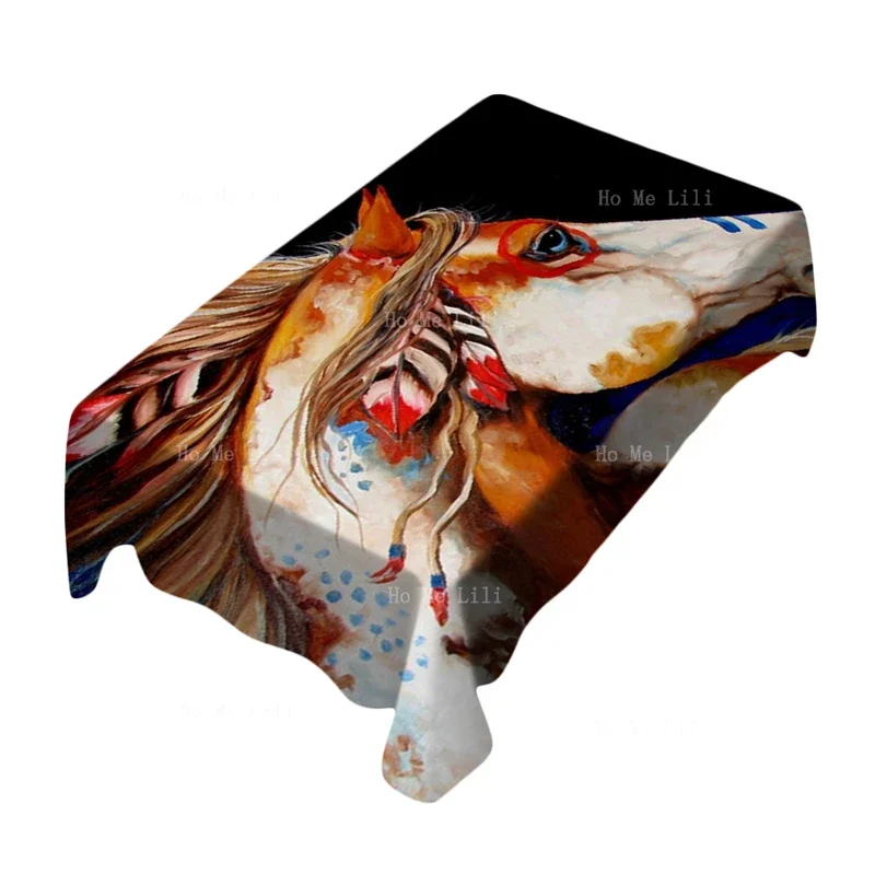 Mane Animal Spirit tótem de ojos azules, tocado de plumas indias, caballo de guerra, pintura artística nativa americana, mantel de Ho Me Lili