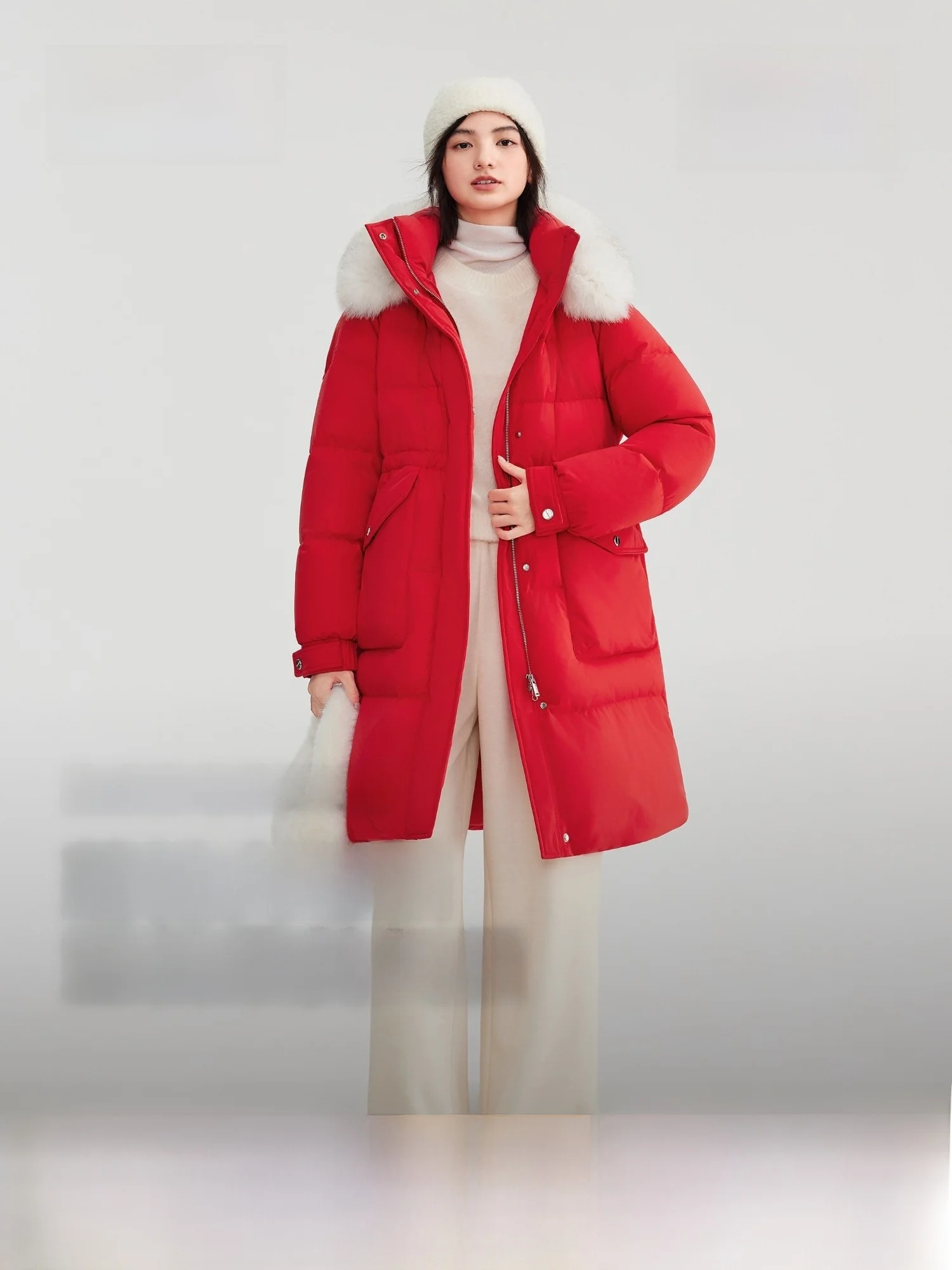 

Bosideng Red New Year Women's Casual Mid-Length down Jaet with Large Fur Collar Versatile Warm Polyester Fiber Du down Fi...