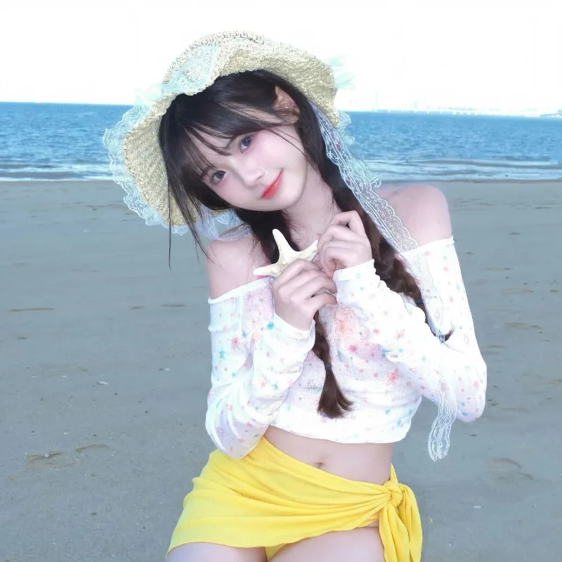 

Sweet Yellow Three Piece Swimsuit Set with Star Print Sheer Long Sleeve Top Wrap Skirt Modest Swimwear for Beach Pool Vacation