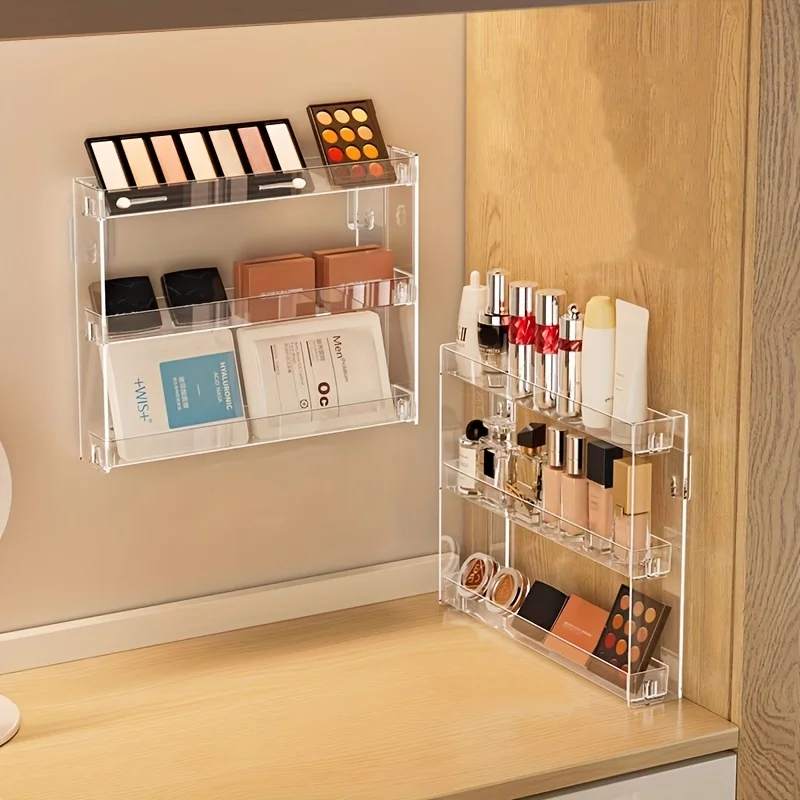 3-Tier Clear Plastic Wall-Mounted Cosmetic Organizer with Adjustable Shelves, Space-Saving Bathroom and Bedroom Storage Solution