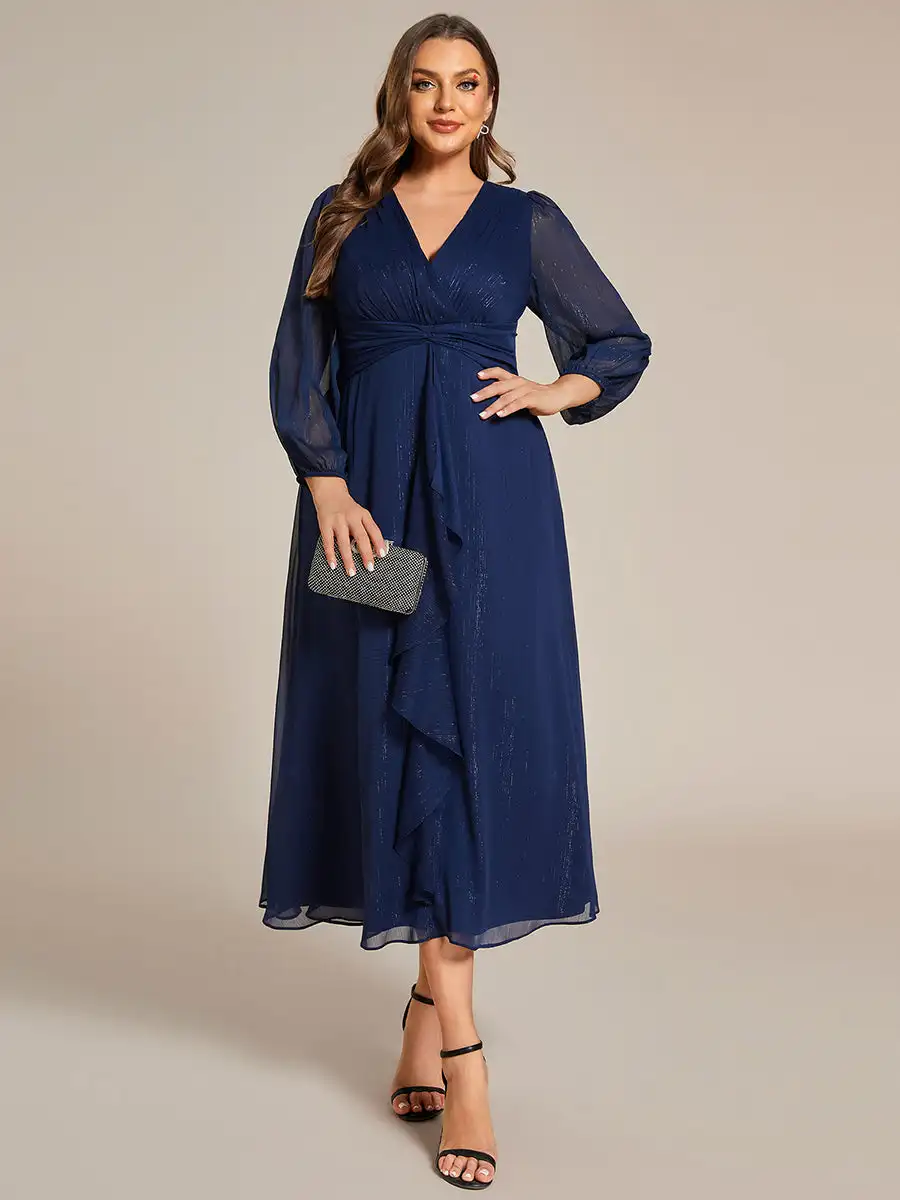 Plus Size Evening Dresses Deep V Neck Long Sleeve Knee-Length 2024 Ever pretty of Shiny Chiffon  Navy Blue Wedding Guest Dresses