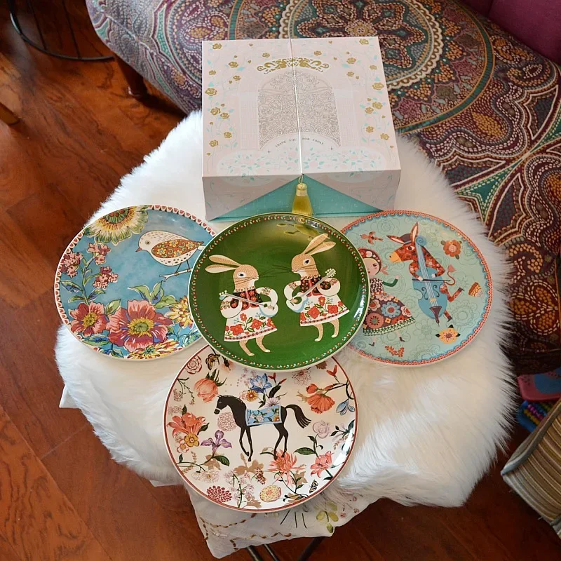 Nordic Rural Style Underglaze Color Ceramic Tableware Creative Cute Animal Printed Dinner Plate Home Breakfast Dessert Plate