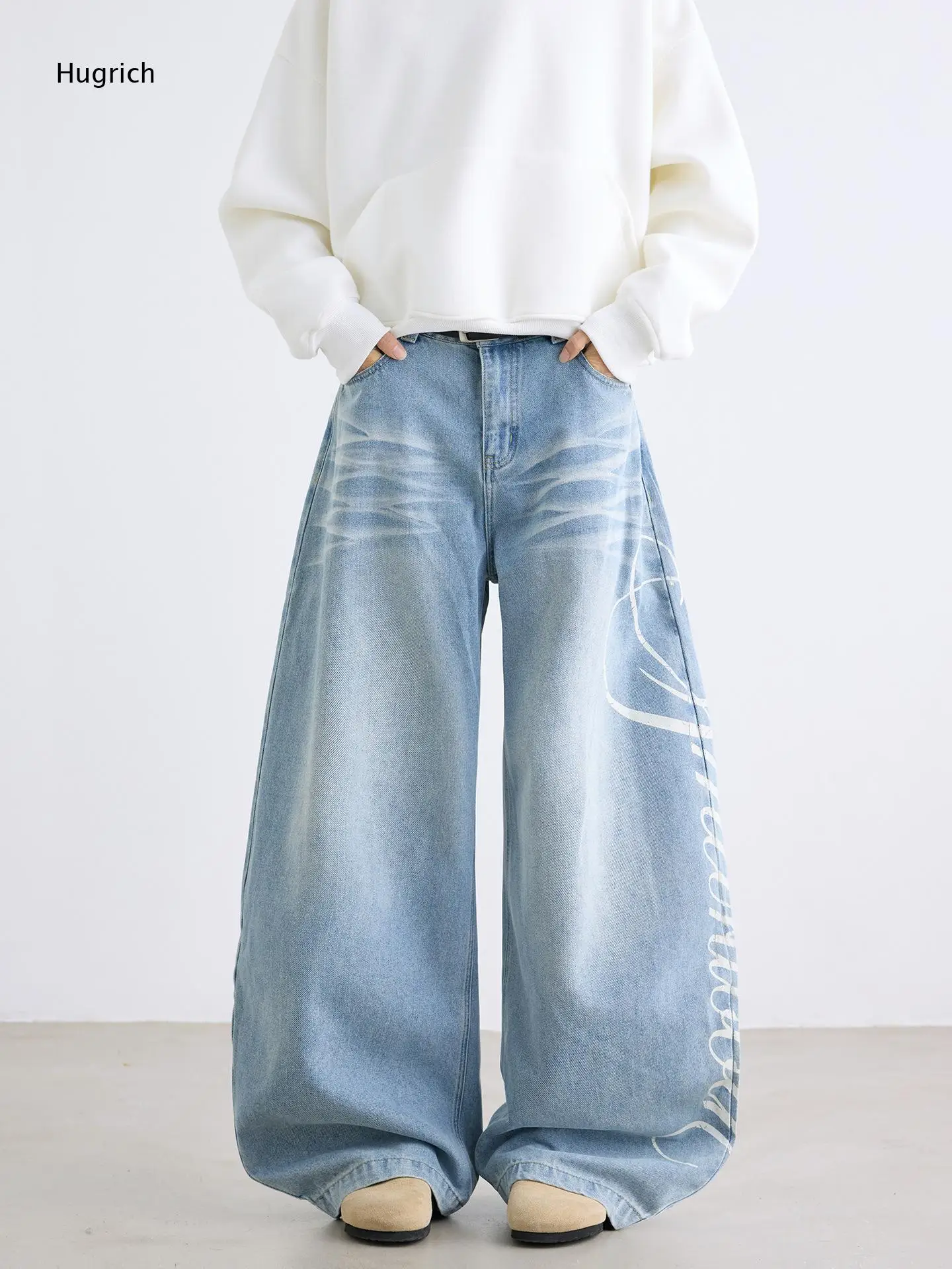 Faded Whisker Oversized Floor Length Side Script Print Loose Daily Harajuku Casual Wide Denim Pants