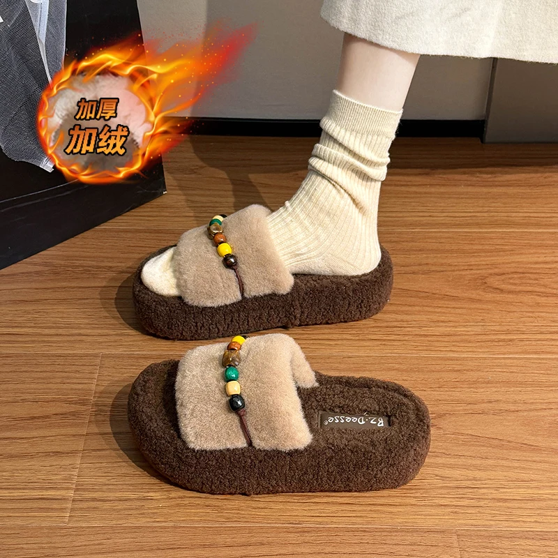 

CRLAYDK зимние женские нечеткие тапочки на платформе с бисером, удобная домашняя обувь с открытым носком для женщин, меховые прогулочные шлепанцы