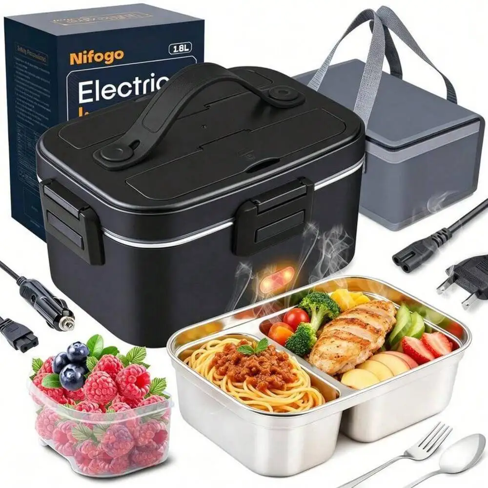 Portable Heated Lunch Box 100W, 1.8L Large Capacity 304 Stainless Steel Container, Multi-Voltage 12V/24V/110V Food Heater for Drivers & Office Workers