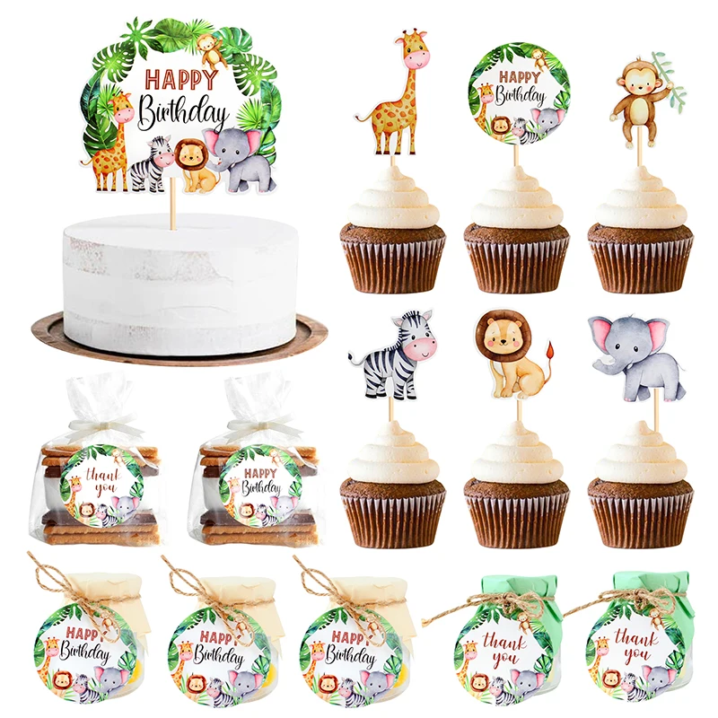 

Jungle Safari Animal Cupcake Toppers Stickers Paper Gifts Tags Cake Decoration for Baby Shower 1st Birthday Wedding Party Favor