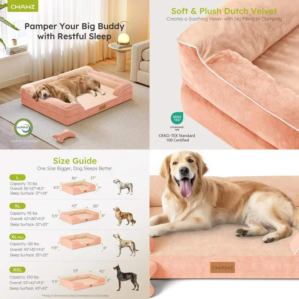 

Ортопедическая лежанка для собак XL из гелевого пенополиуретана, водонепроницаемый съемный чехол, плюшевый велюровый диван с игрушкой-костью, персиково-розовый