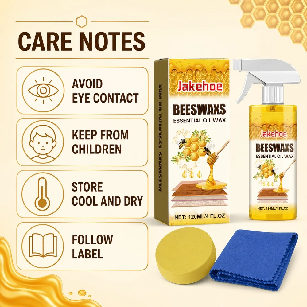 Jakehoe Beeswax Wood Polish Spray for Furniture Cabinets Floors 120ml with Sponge and Towel Wood Surface Cleaning and Shine Care