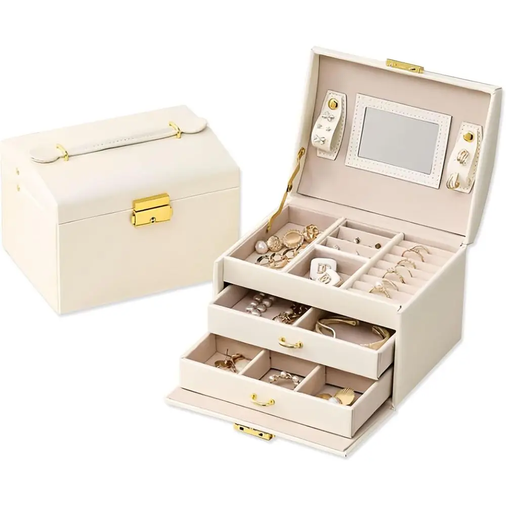 

3-Layer Lockable Leather Jewelry Box with Mirror for Necklaces, Rings, Earrings, and Watches