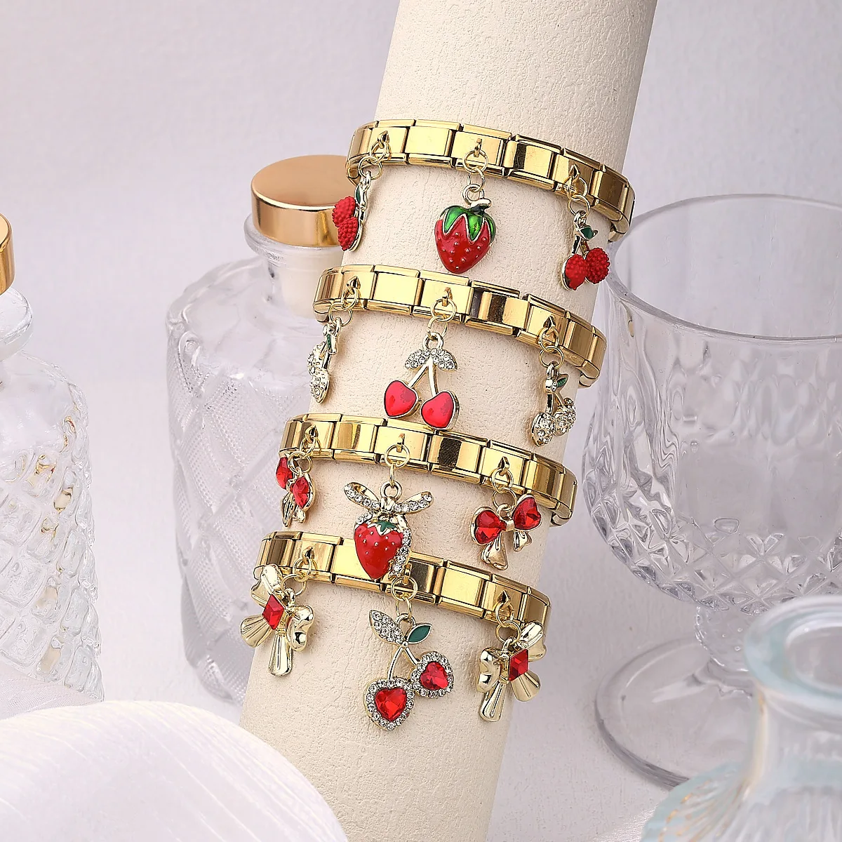 

Подвеска серии Cherry Strawberry Bow из итальянского модуля, эластичный браслет из нержавеющей стали
