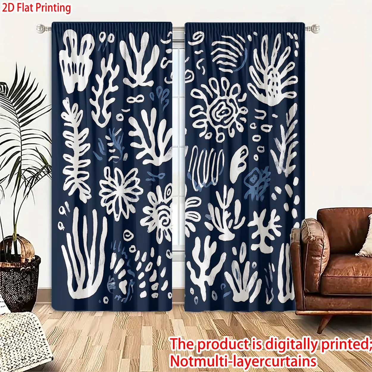 Marine Botanical Curtains Set of 2 Polyester Semi-Sheer Rod Pocket for Bedroom Living Room