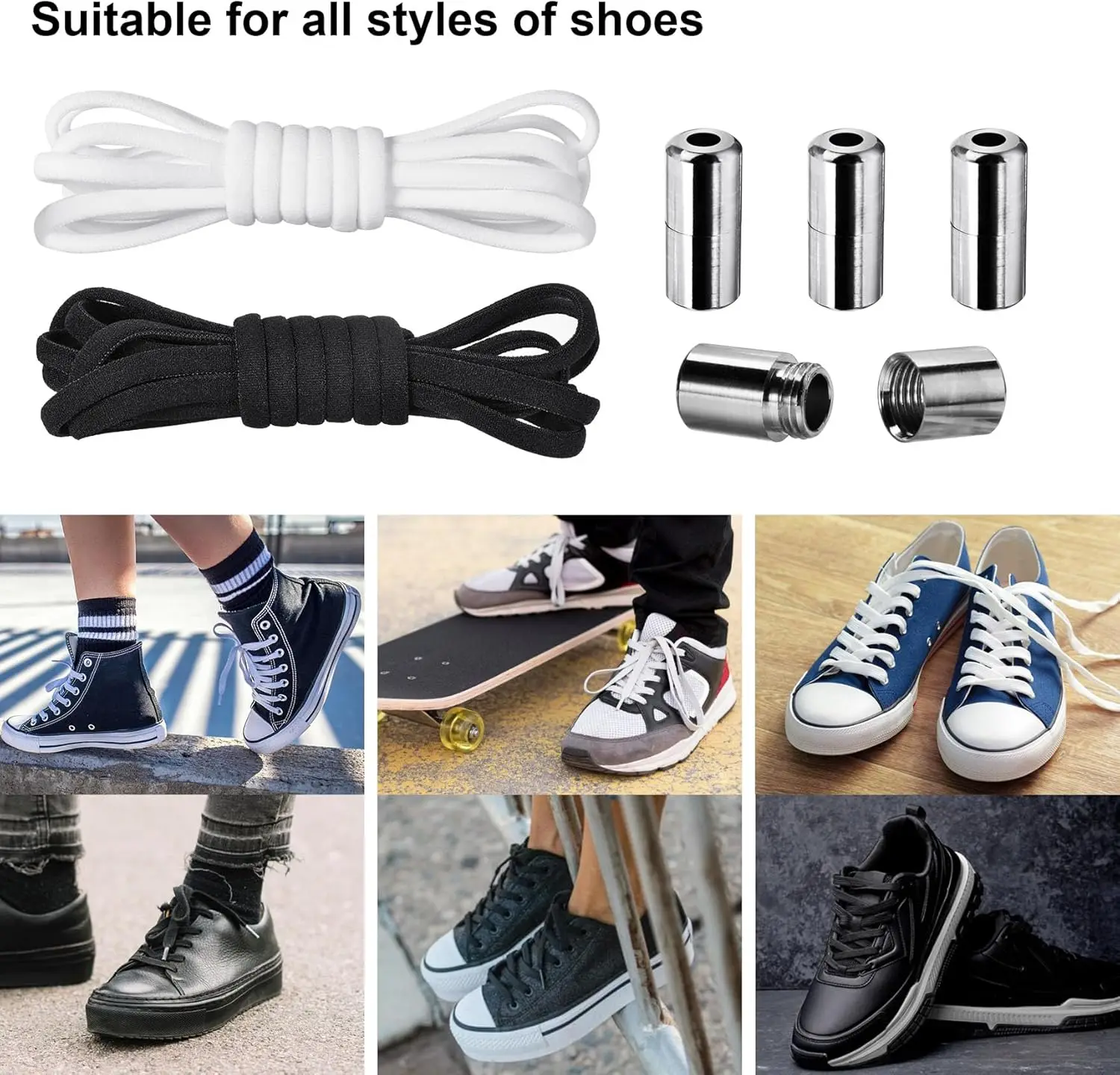 2/6 Pairs No Tie Elastic Shoe Laces, Universal Shoe Laces for Kids and Adults,Tieless Shoelaces with Metal Lock