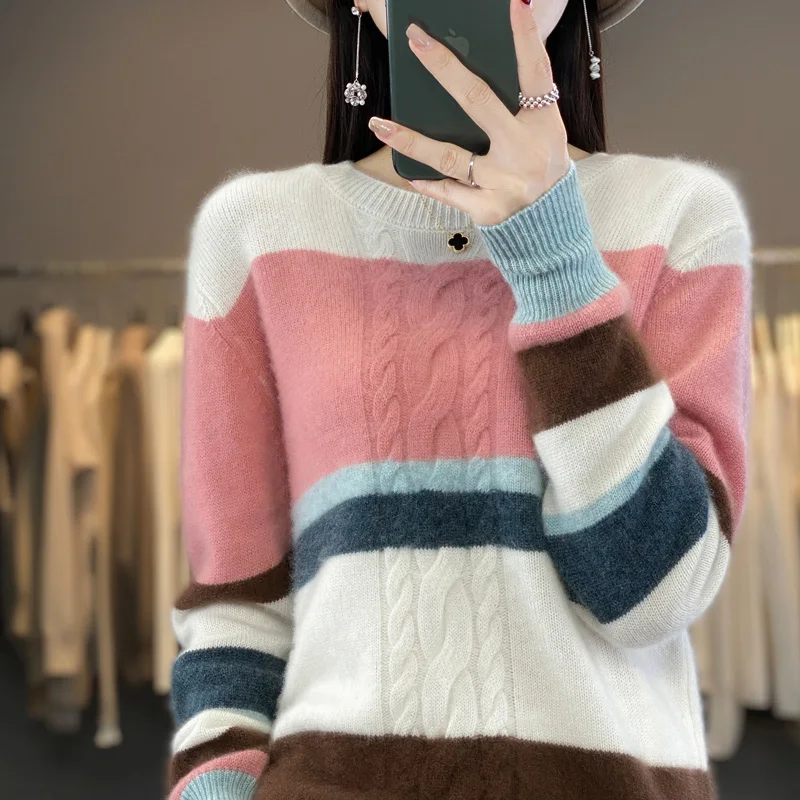 

Autumn and Winter New Cashmere Sweater Women's O-Neck Pullover 100% Merino Wool Knitted Color Block Top Fashion Korean Edition