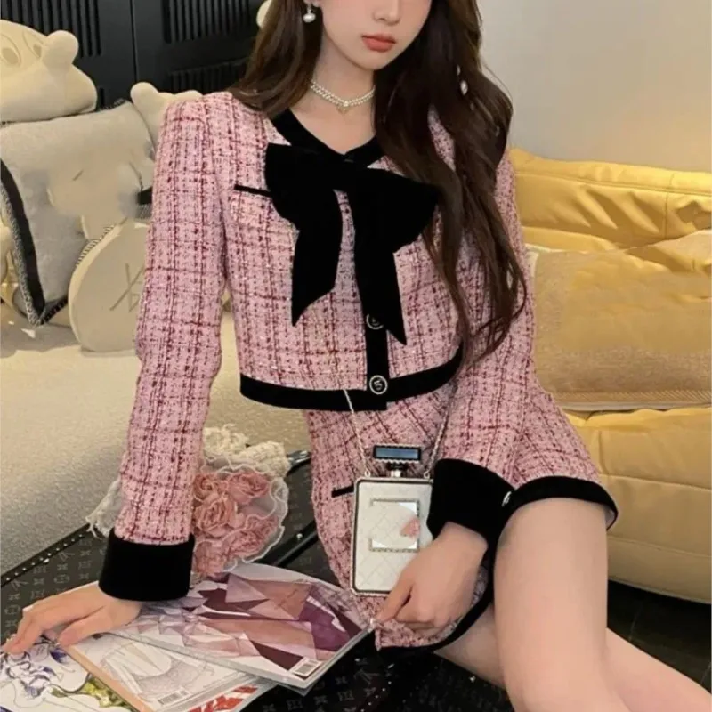 2024 Autumn Winter Tweed Two-Piece Skirt Set Women Short Jacket Coat + Mini Skirt Suits Elegant Korean Fashion Female Outfits