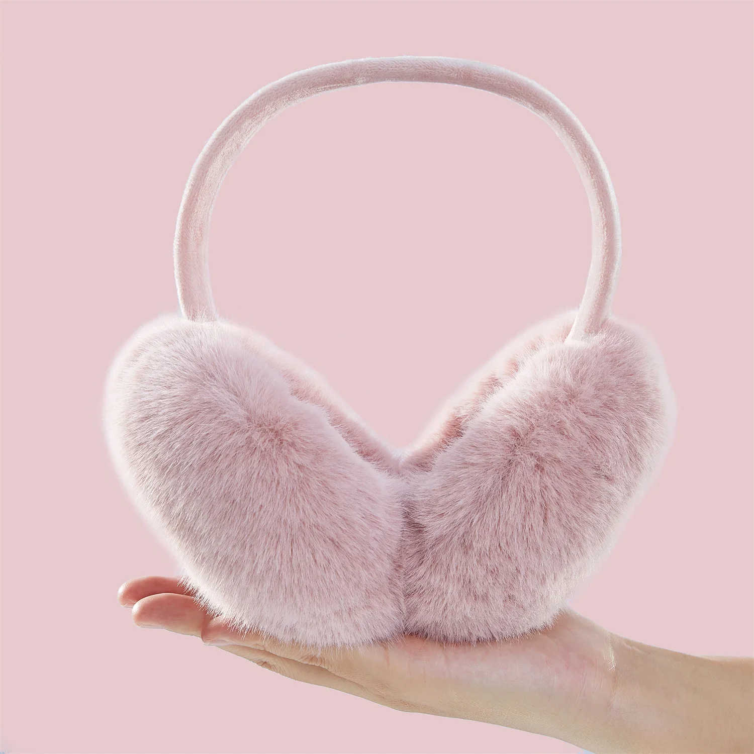 Anjj Foldable Pink Earmuffs Winter New Cute plush Warm windproof ear muffs Imitation rabbit fur woman Girl Accessories