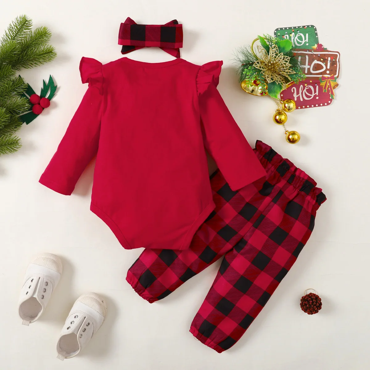 3pcs Baby girl Christmas Set Letter Christmas Tree Print Bodysuit+Bow Plaid Pants+Headband fit 0-18 Months Baby Girl Holiday Set