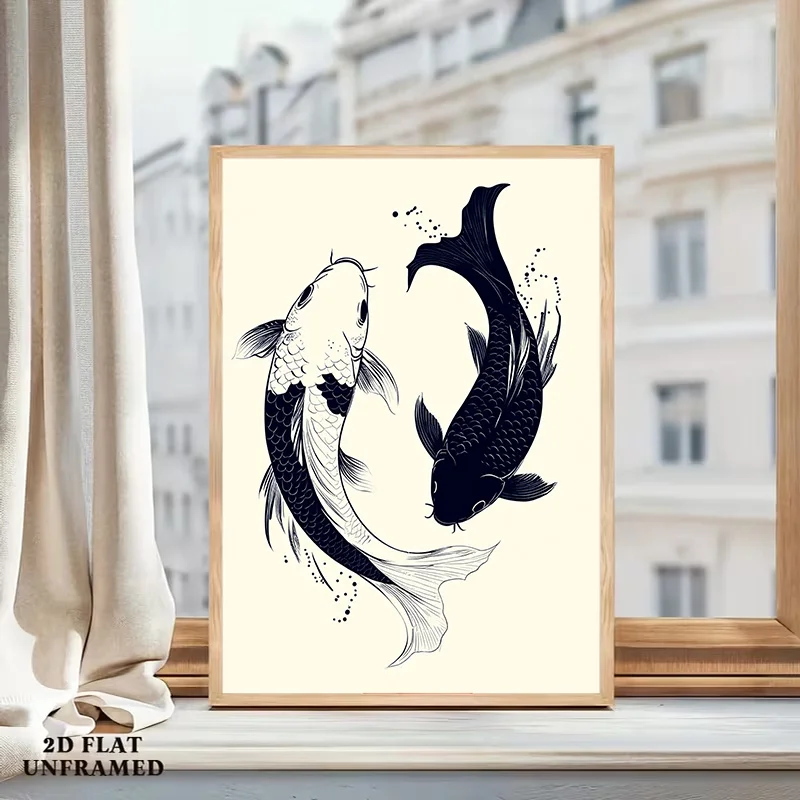 Japanese Koi Fish - Modern Minimalist Black & White Suitable for Living Room, Bedroom, Office Decor - Frameless, Halloween Chri