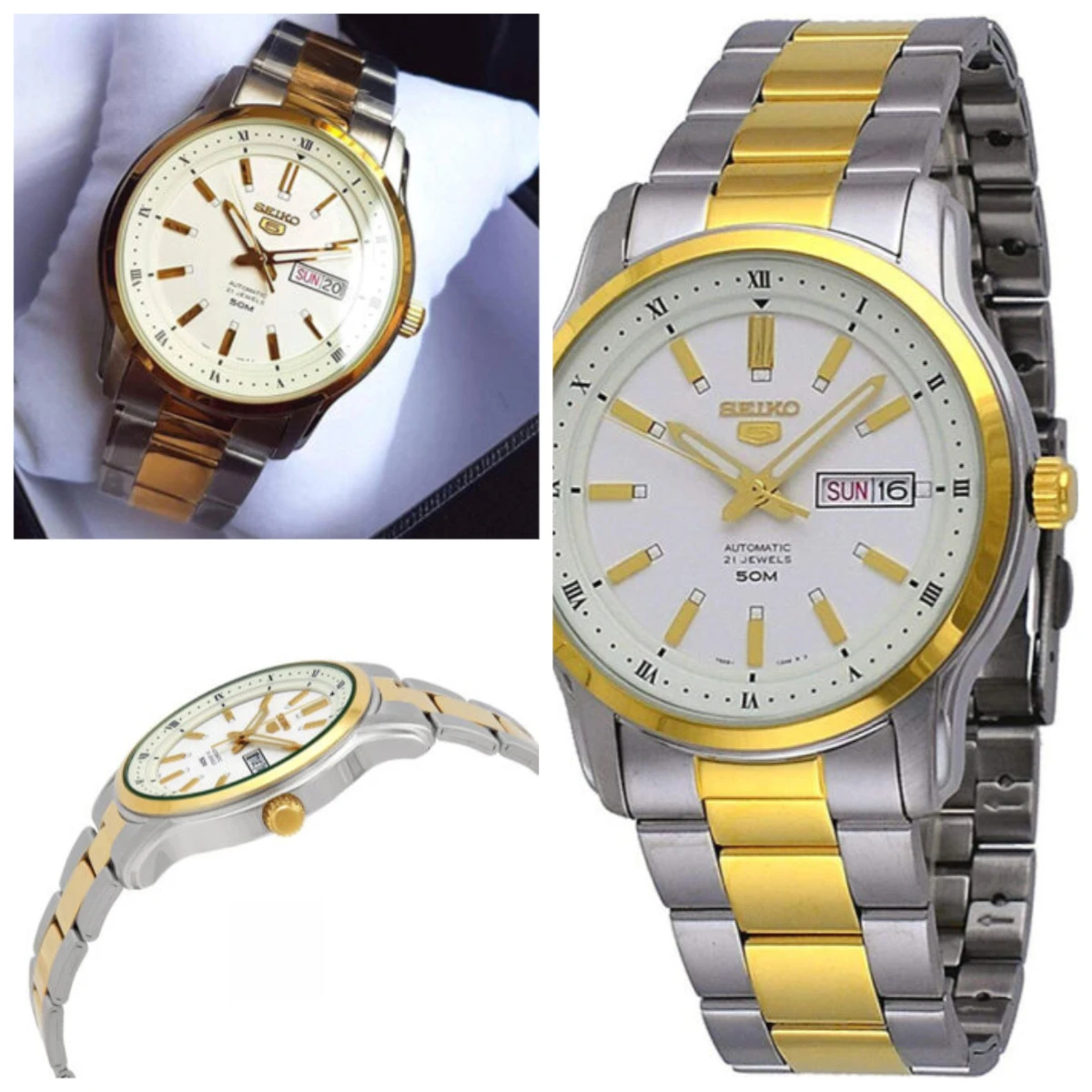 Seiko 5 SNKP14K1 Automatic Men Watch Two Tone Stainless Steel Bracelet Day Date 50M Water Resistant Dress Wristwatch watch