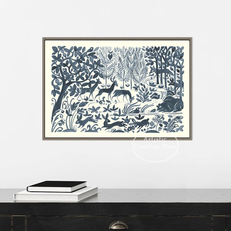 Forest Life By Miranda Thomas Prints Canvas Painting Deer Night Forest White Tree Small Rustic Cabin Nordic Room Decor Poster