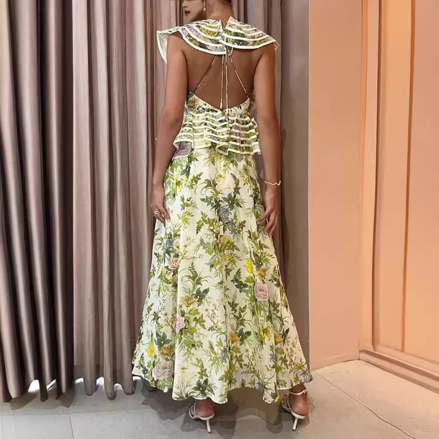 2024 New European and American Style Private Dress Socialite Sexy Backless Grass Green Print Strap Large Hem Dress for Women