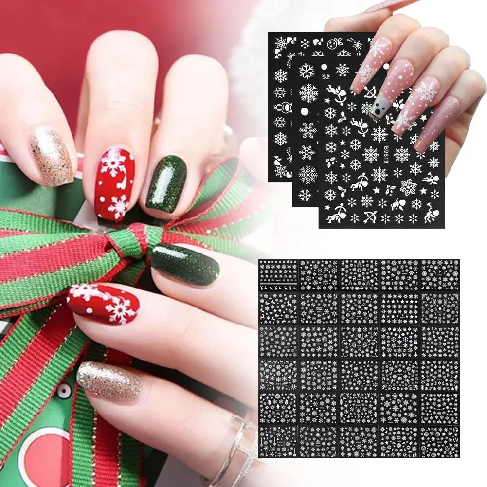 30 hojas de pegatinas navideñas 3D para decoración de uñas, calcomanías, suministros para decoración de uñas para mujeres y s, muñeco de nieve autoadhesivo con copos de nieve de dibujos animados