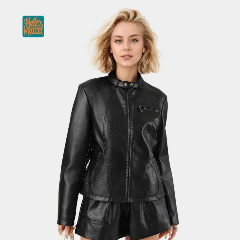HELLOMARCEL US EU Size Luxury Quality Women'S Faux Leather Jacket Autumn Winter Fashion Elegant Washed Leather Slim Fit Jacket