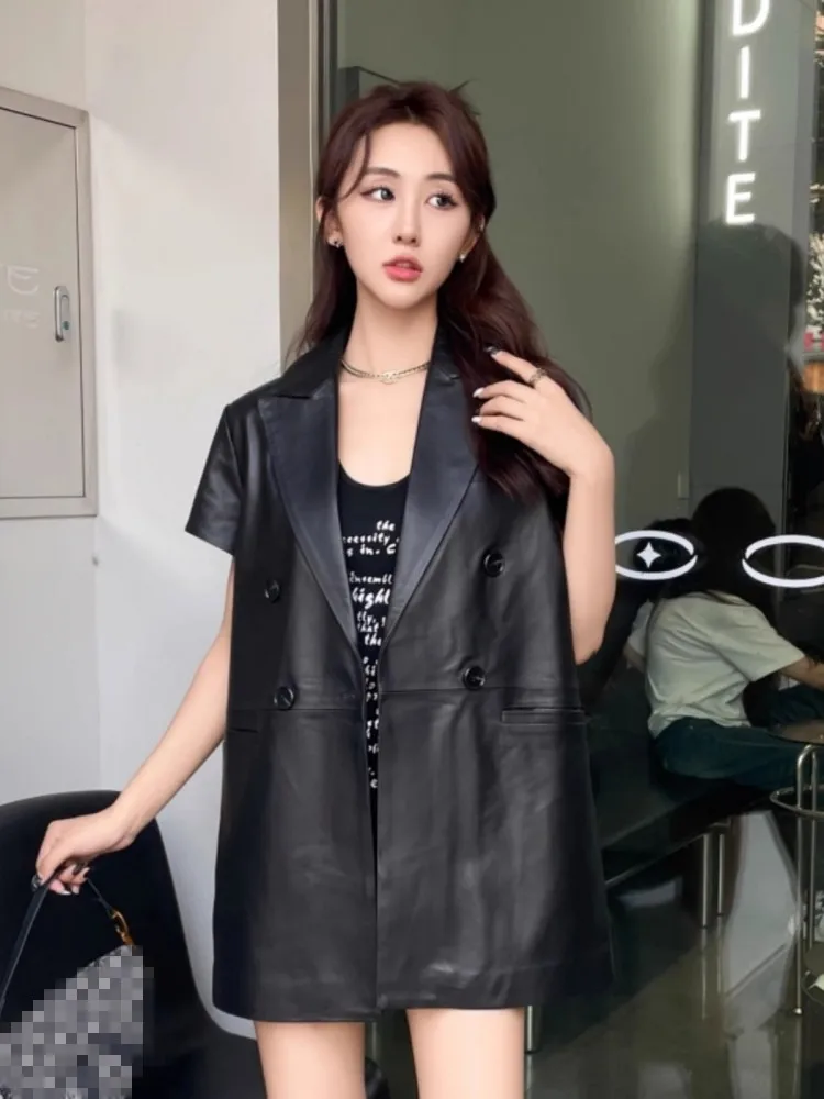 Fashion Double Breasted Genuine Leather Women Vests Middle Long Black Short Sleeve Suit Jacket Office Ladies Sheepskin Waistcoat