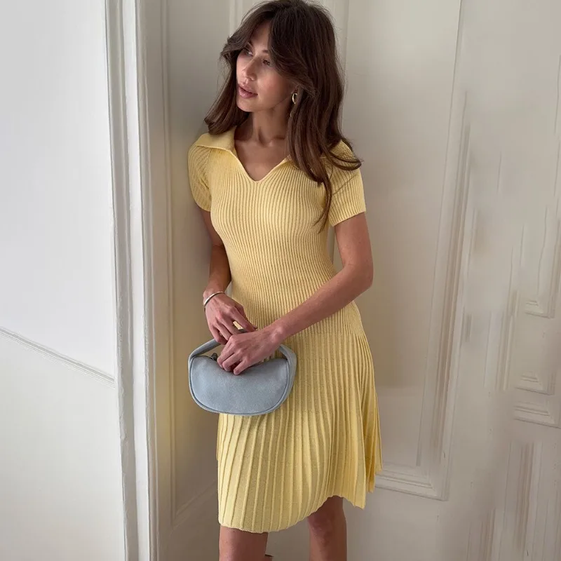 

Tuularose Elegant Knit Dress Women's Fashion V Neck Solid Slim Pleated Dress Summer New High Waist Women's Casual Dress Vestidos