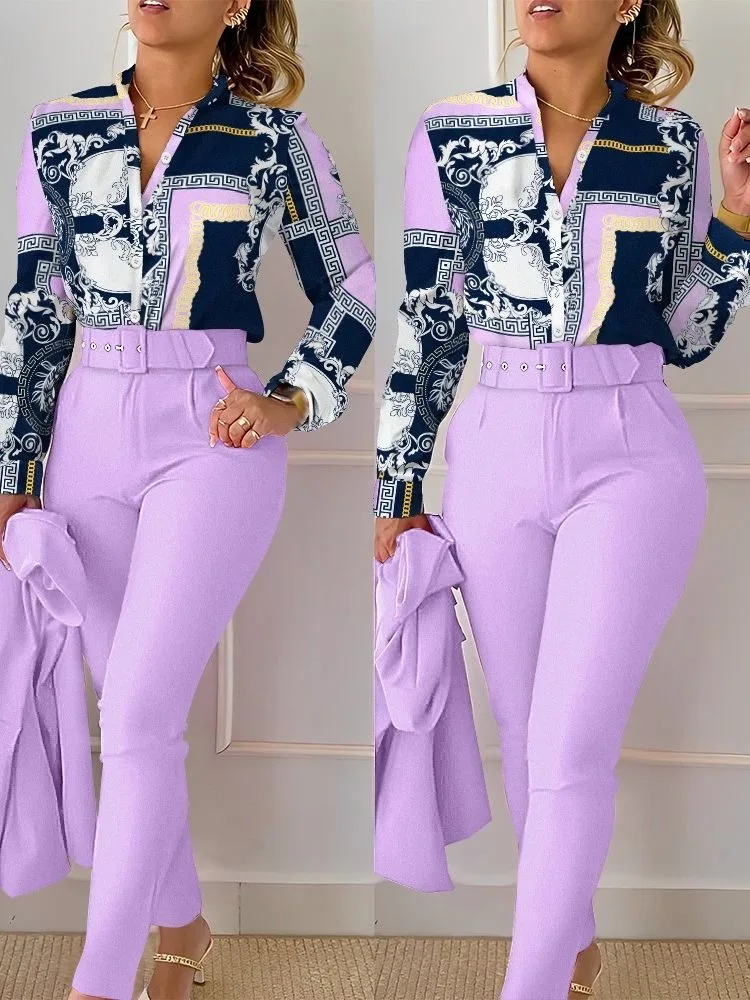 Floral Baroque Print Shirt & High Waist Pants Set