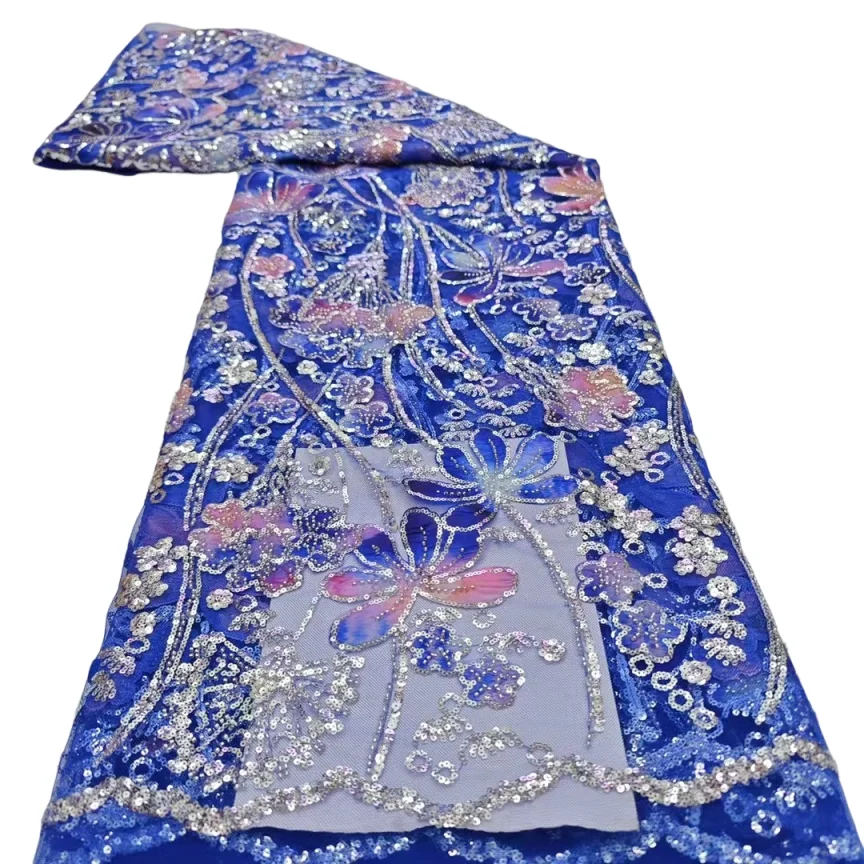 

High Quality Africa Beaded Sequence Embroidery Lace Nigerian French Lace Fabrics 5 Yards Beads Fabrics With Sequins For Sewing