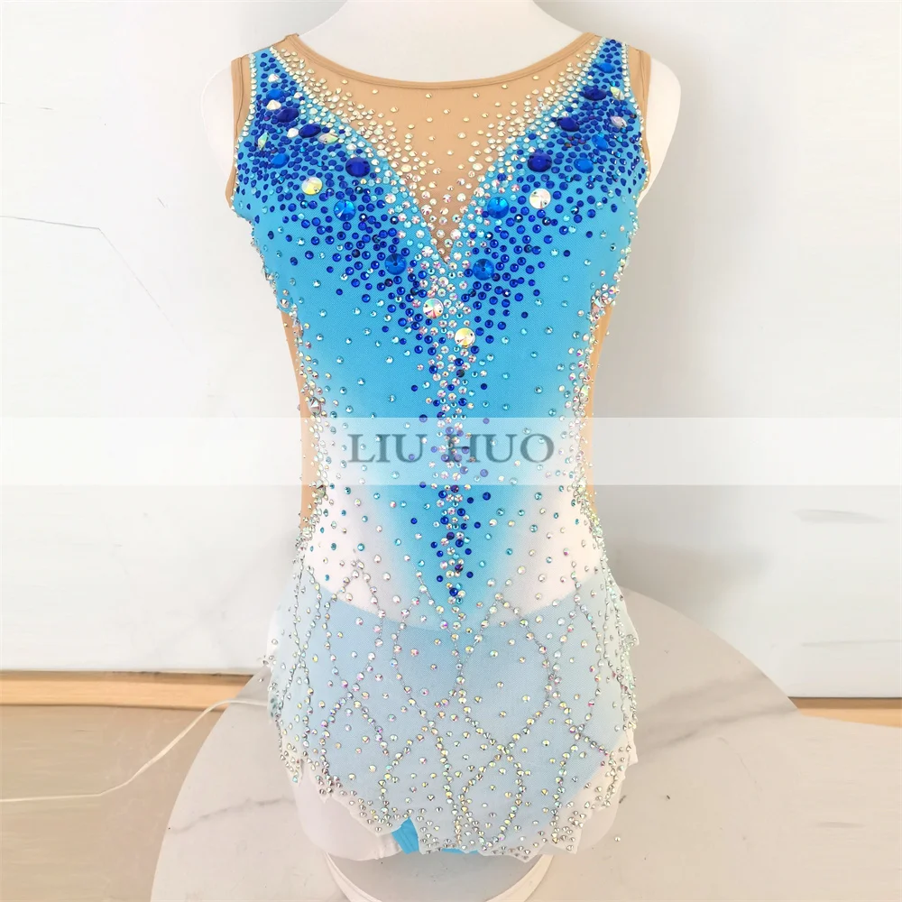 

LIUHUO Rhythmic Gymnastics Leotard Aerobics Adult Women Girl Costume Performance Competition Dance Dress Blue Teens Kids