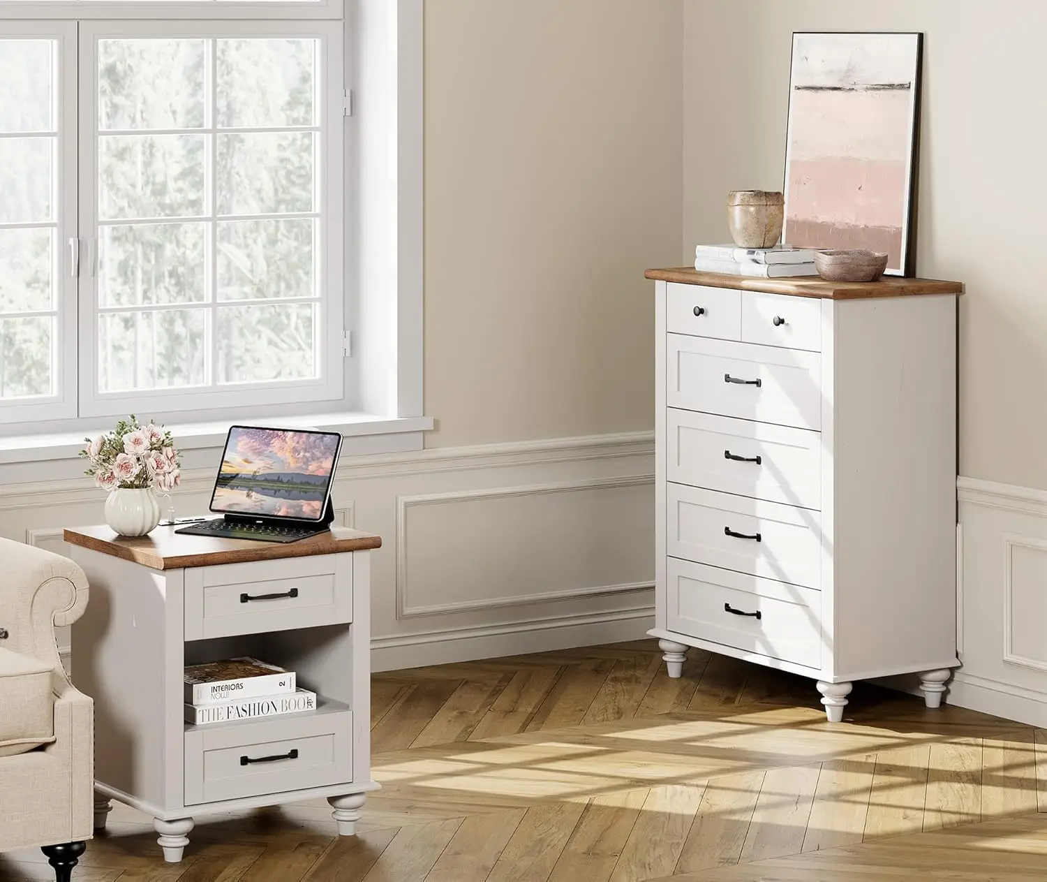 Wampat 3 Piece Dresser And Nightstand Sets, White Dresser & Chests Of Drawers With 5 Drawers And Metal Handle, Set Of 2 End