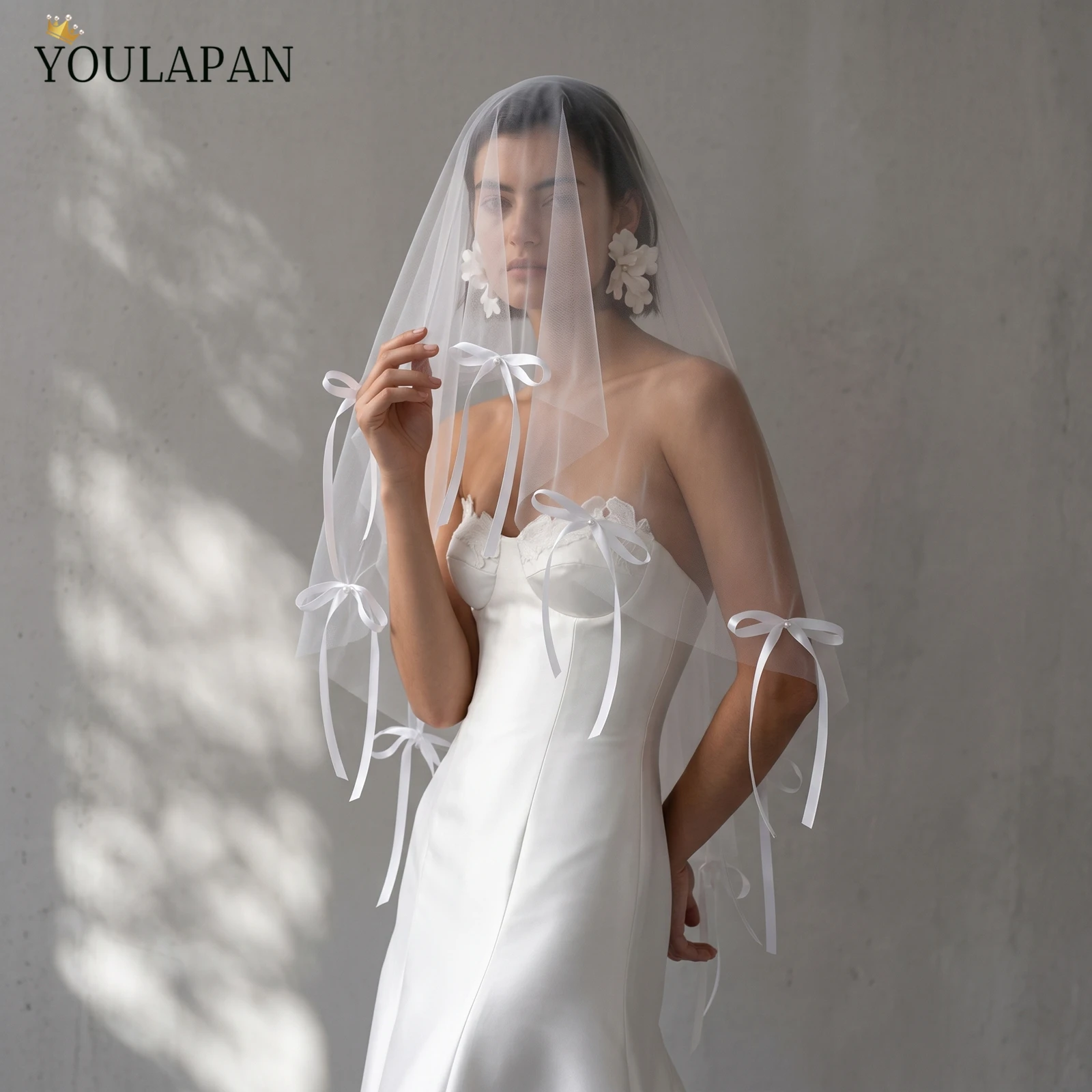 TOPQUEEN Ribbon Decorative Voile MariéE Bow Veil Bridal Wedding Supplies Blusher Velo De Novias Lolita Customed M139