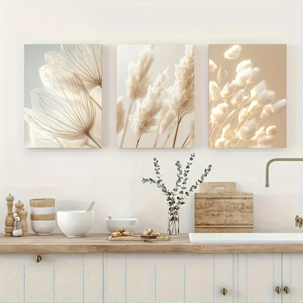 Frameless , 3pcs Bohemian Chic Beige Grass & Reed Wall Art Canvas Paintings - Suitable For Easter, Mardi Gras Decor, Neutral