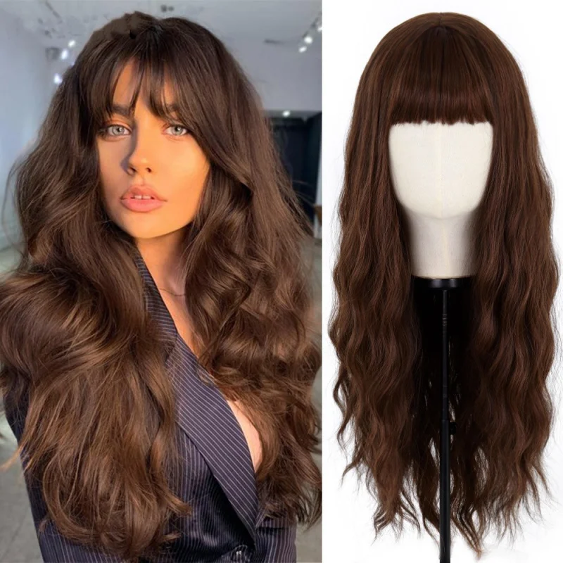 

Fashionable hot girl long curly hair with bangs, red-brown slightly wavy face-slimming wig